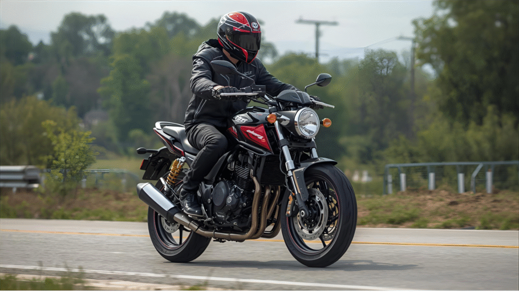 Motorcycle safety tips demonstration showing essential protective gear to prevent beginner rider mistakes