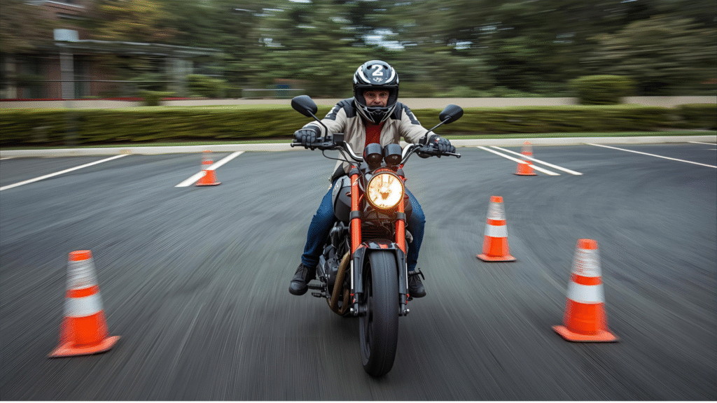 New rider building motorcycle confidence through parking lot practice with basic maneuvers and safety cones